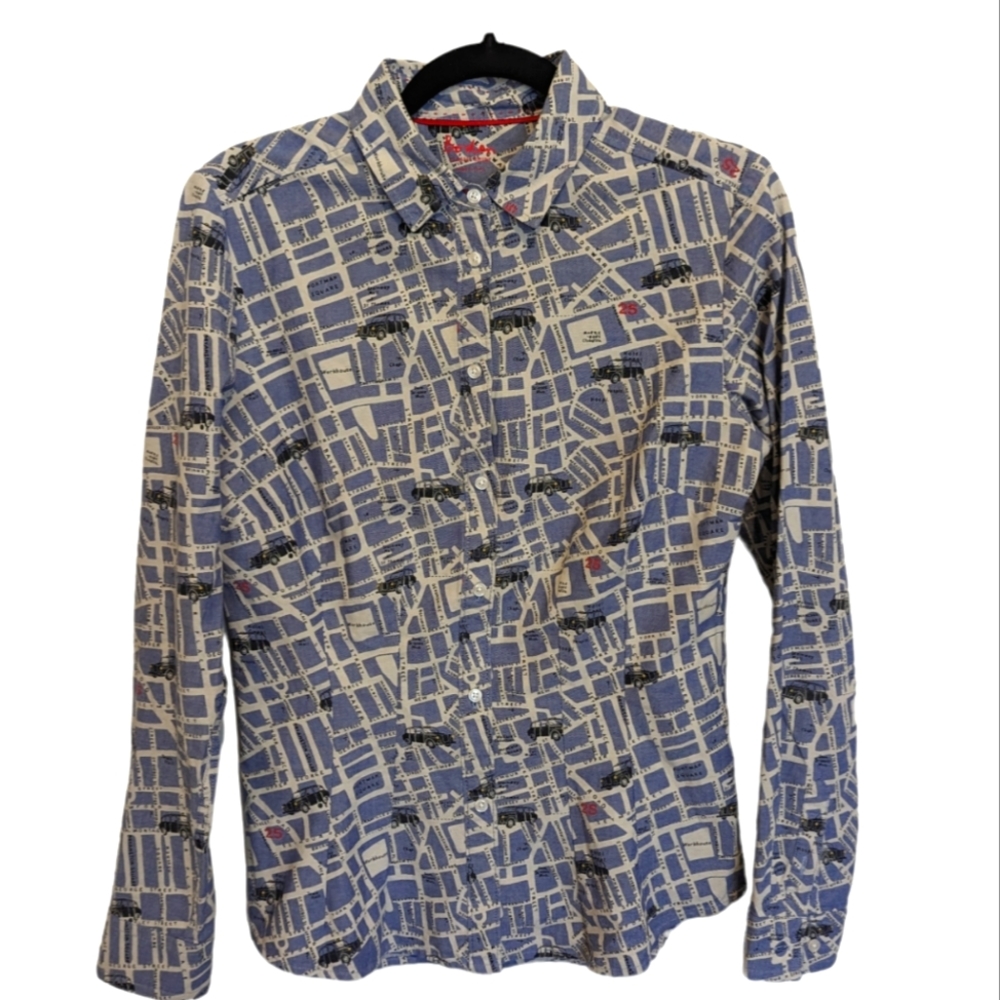 Boden Blue and White London Map-Print Button-Down Shirt